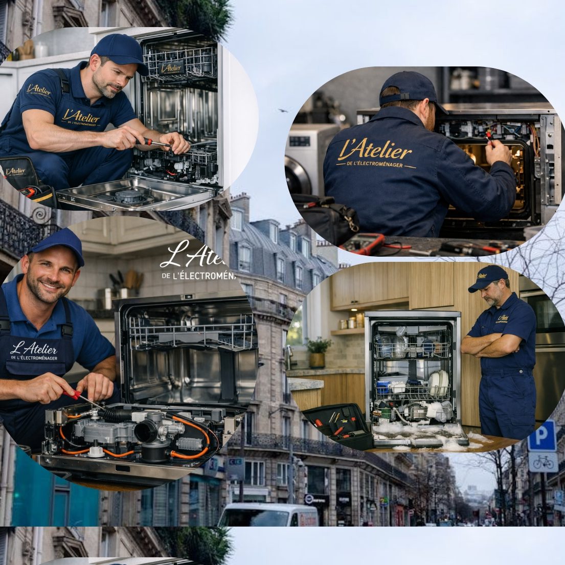 technicien réparant un lave‑vaisselle en panne